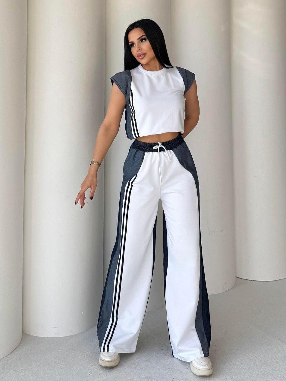 White & Gray Crop Top & Wide-Leg Joggers Set