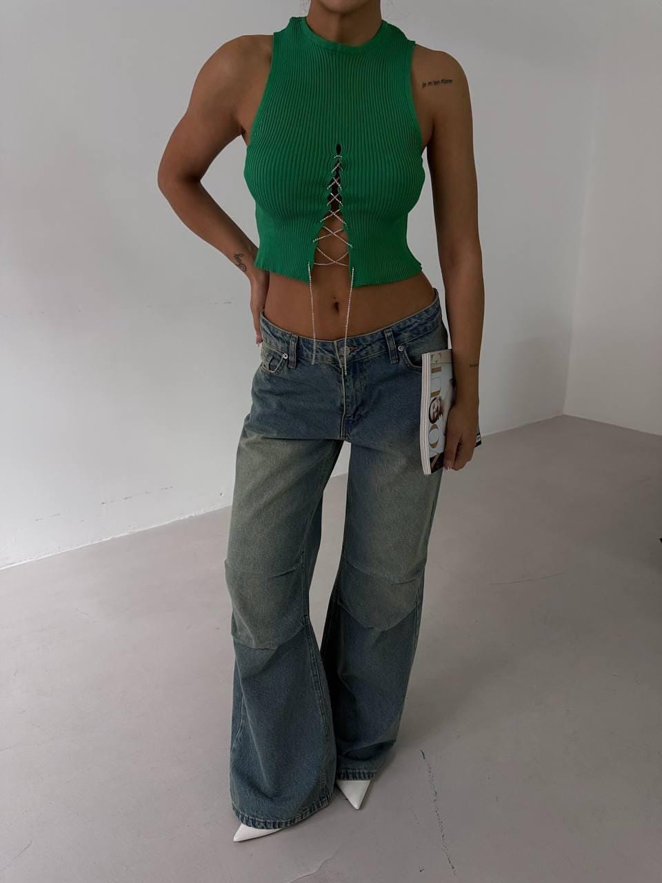 Ribbed Lace-Up Crop Top – Green