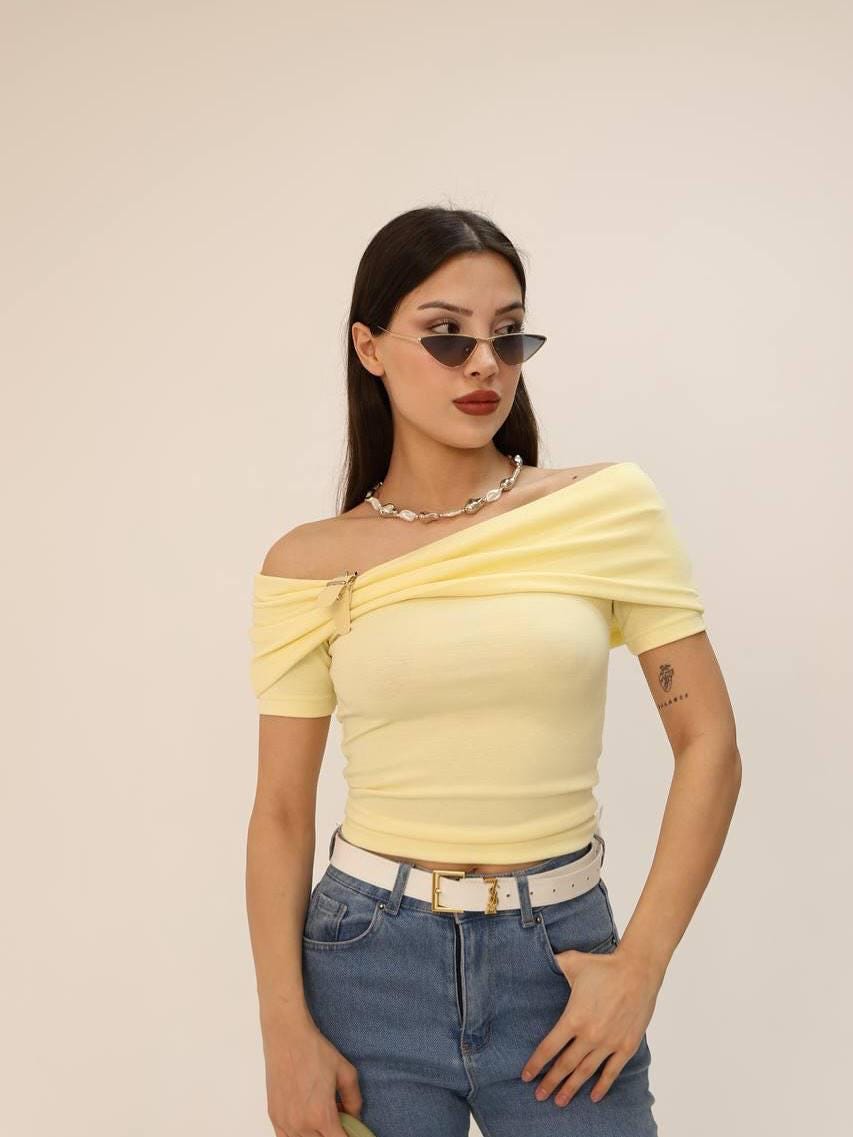 Yellow Off-Shoulder Slim Crop Top