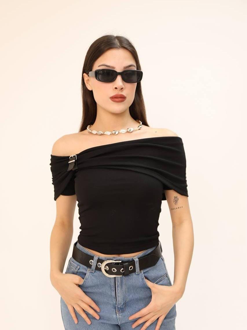 Black Off-Shoulder Crop Top