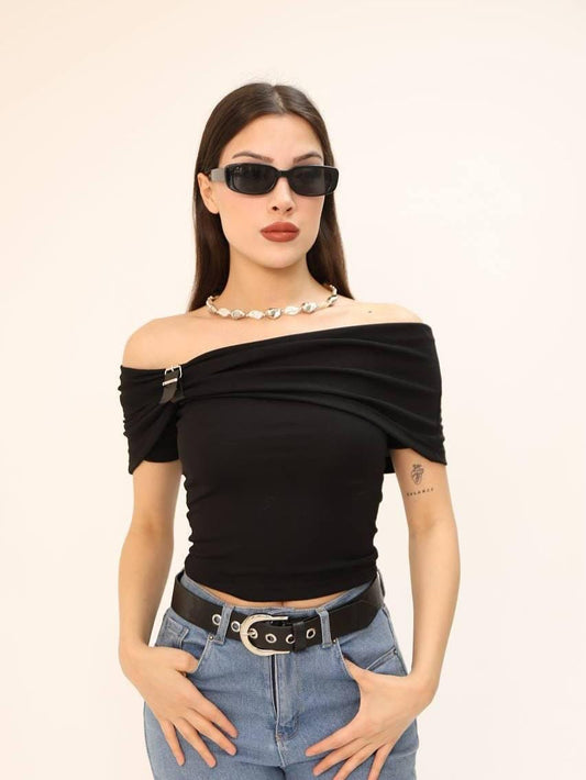 Black Off-Shoulder Crop Top