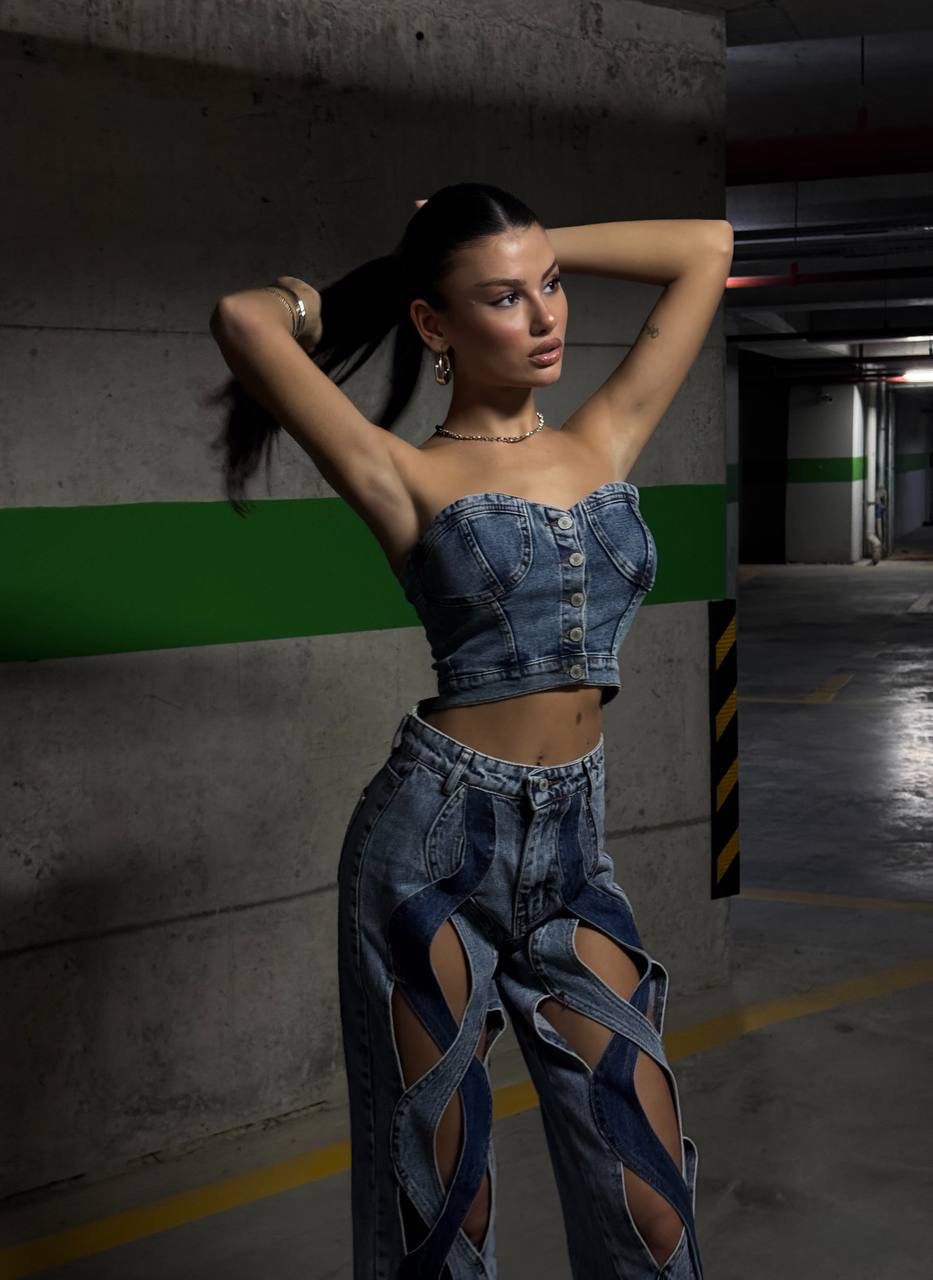 Denim Corset & Cut-Out Pants Set