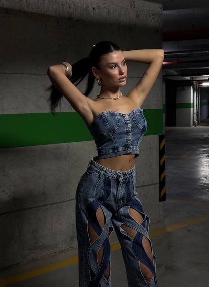 Denim Corset & Cut-Out Pants Set