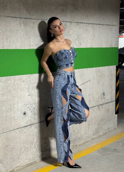 Denim Corset & Cut-Out Pants Set