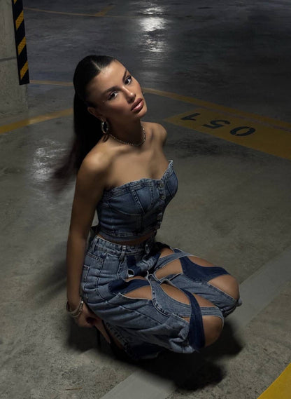Denim Corset & Cut-Out Pants Set
