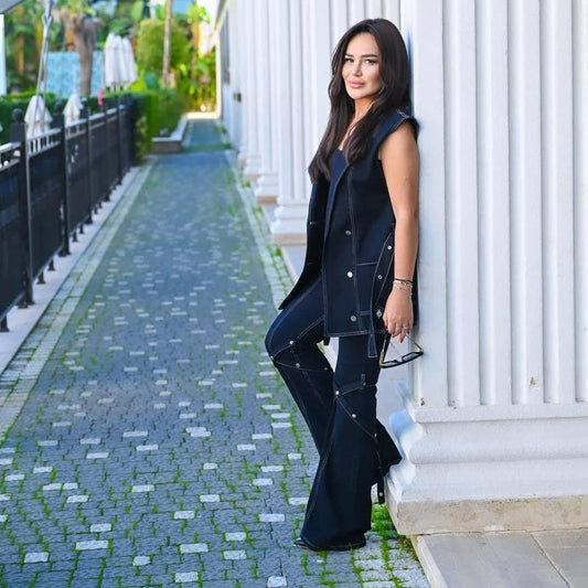 Black Belted Blazer & Flare Pants Set