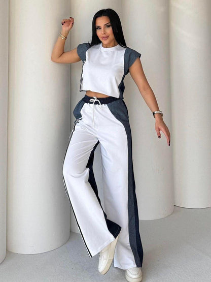 White & Gray Crop Top & Wide-Leg Joggers Set