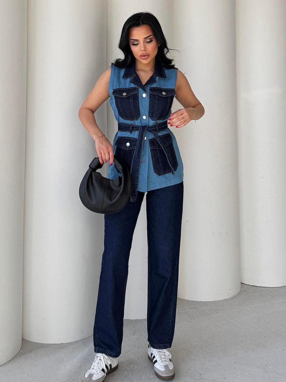 Sleeveless Belted Denim Set 2