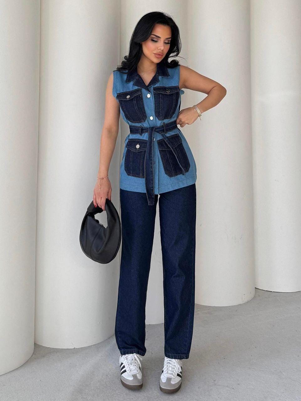 Sleeveless Belted Denim Set 2