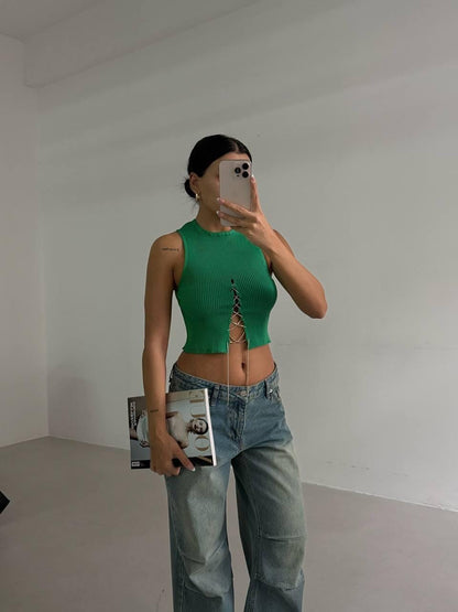 Ribbed Lace-Up Crop Top – Green