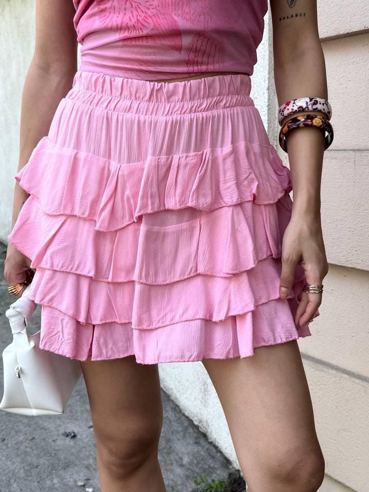 Pink Layered Ruffle Mini Skirt