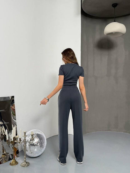 Navy Crop Top & High-Rise Pants Set