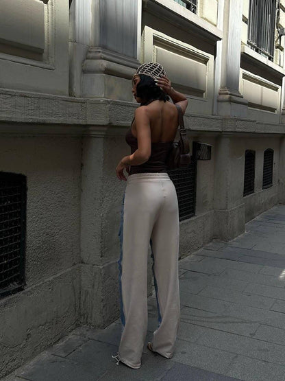 Women Distressed Wide Leg Jeans Two Tone Denim Pants