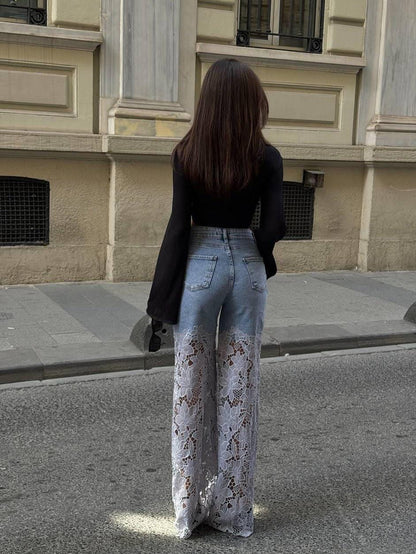 Lace Detail Wide-Leg Denim Jeans