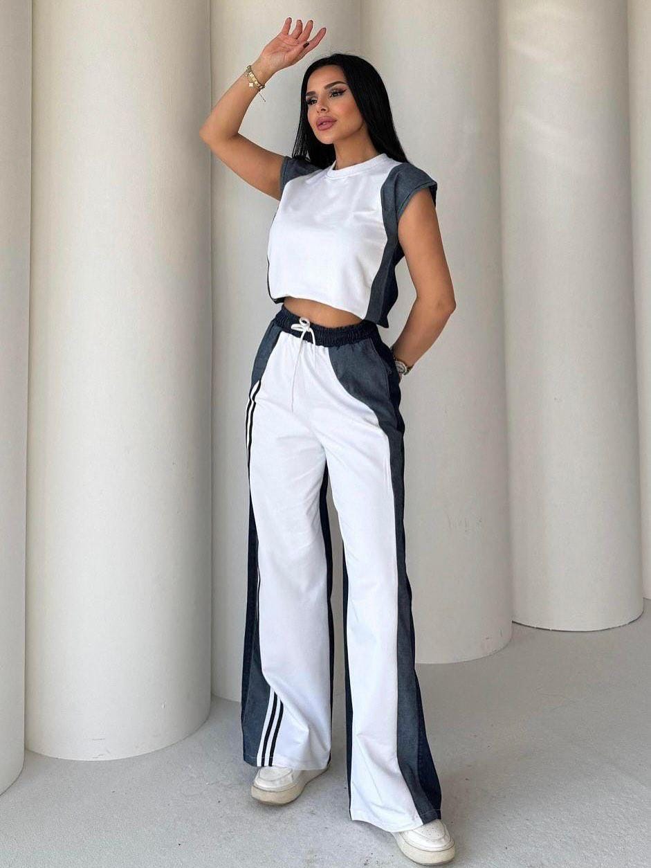White & Gray Crop Top & Wide-Leg Joggers Set