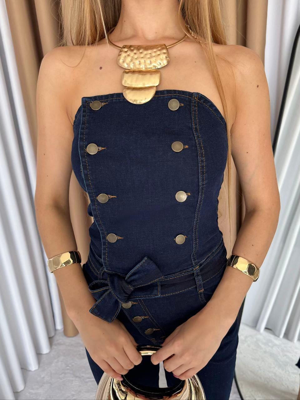 Strapless High-Waist Denim Jumpsuit
