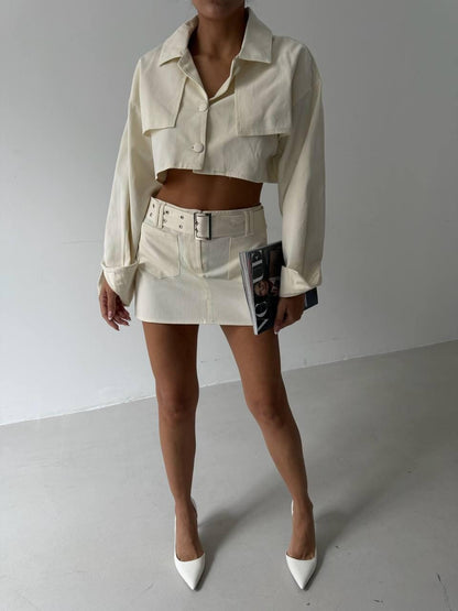 Beige High-Waist Mini Skirt with Belt