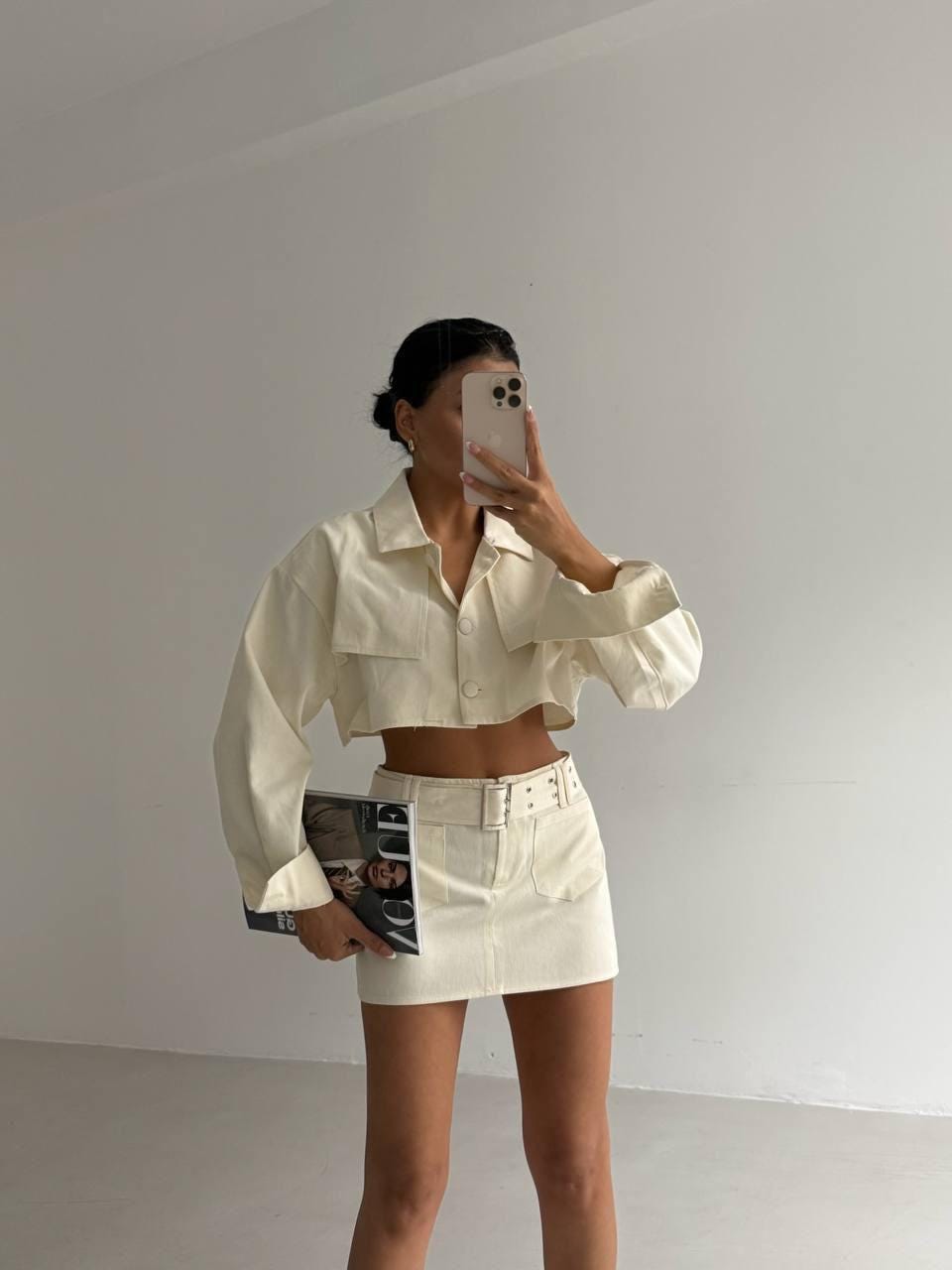 Beige High-Waist Mini Skirt with Belt