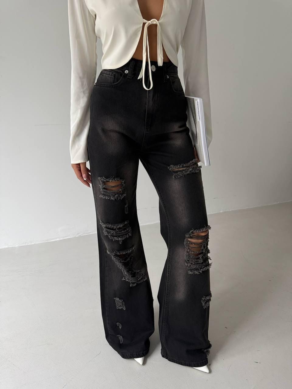 Black Distressed Wide-Leg Denim Jeans