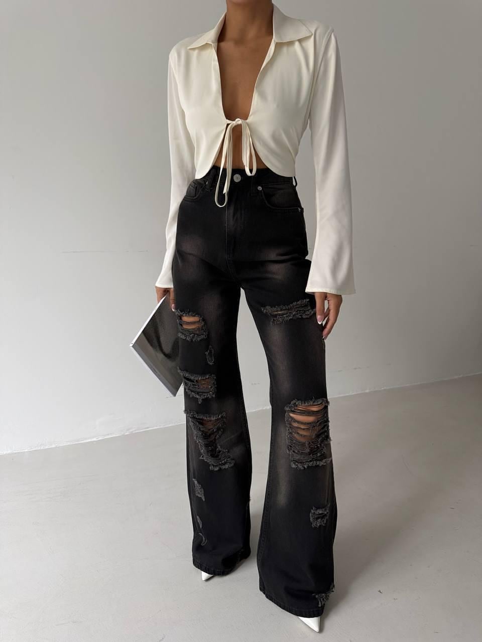 Black Distressed Wide-Leg Denim Jeans