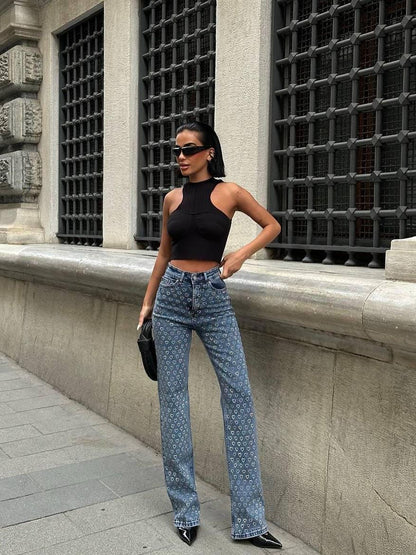Printed High-Rise Street Denim Jeans