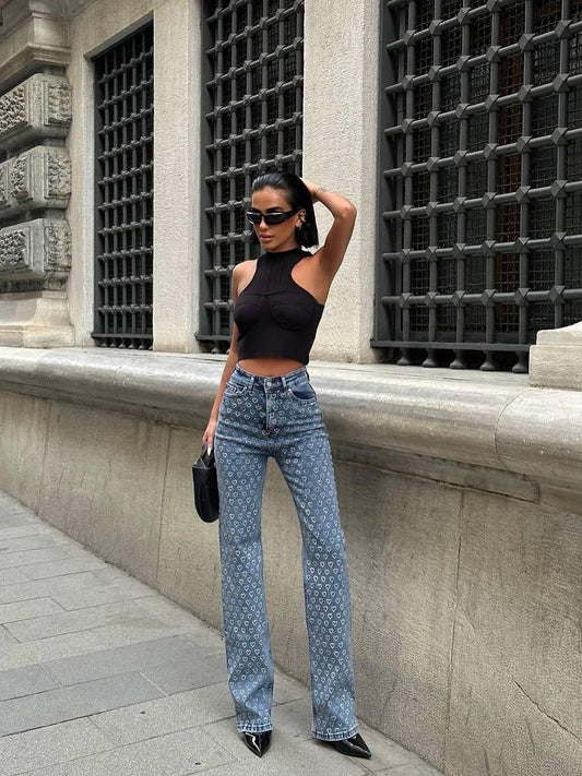 Printed High-Rise Street Denim Jeans