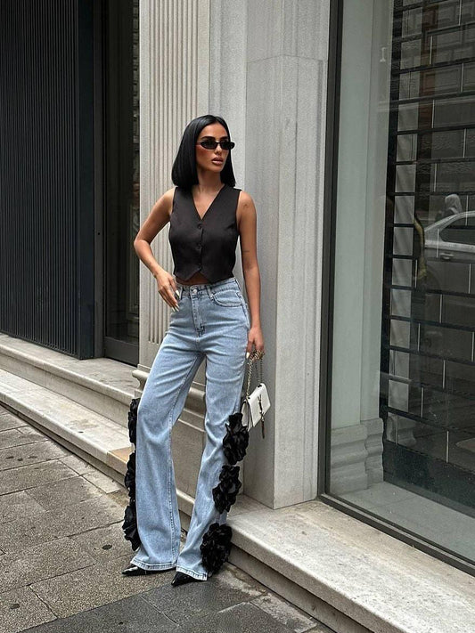 Floral Sculpt Wide-Leg Denim Jeans