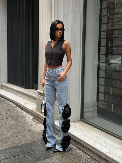 Floral Sculpt Wide-Leg Denim Jeans