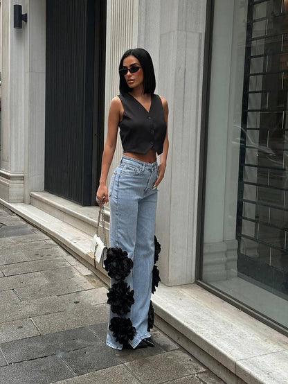 Floral Sculpt Wide-Leg Denim Jeans