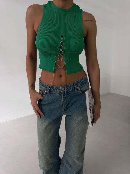 Ribbed Lace-Up Crop Top – Green