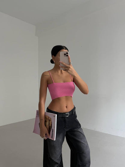Pink Ribbed Knit Crop Tank
