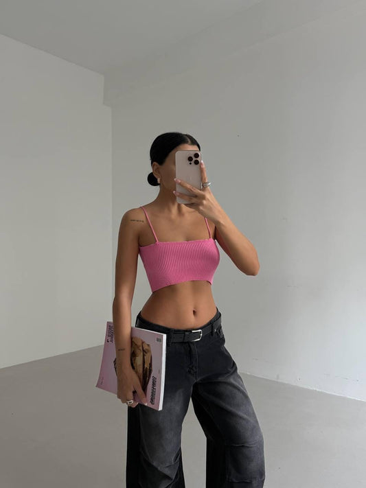 Pink Ribbed Knit Crop Tank