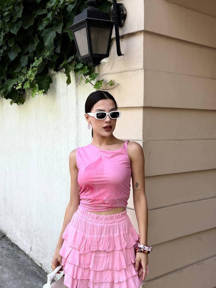 Pink Layered Ruffle Mini Skirt
