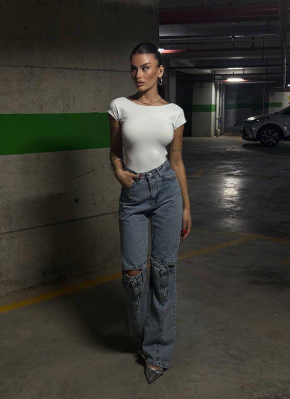 High-Rise Ripped Wide-Leg Street Denim