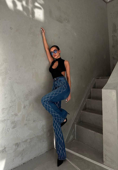 Vintage Check Flare Denim Jeans