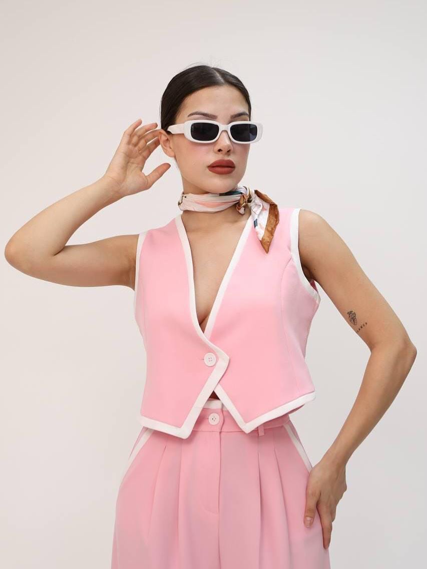 Pink Vest & Wide-Leg Pants Two-Piece Suit