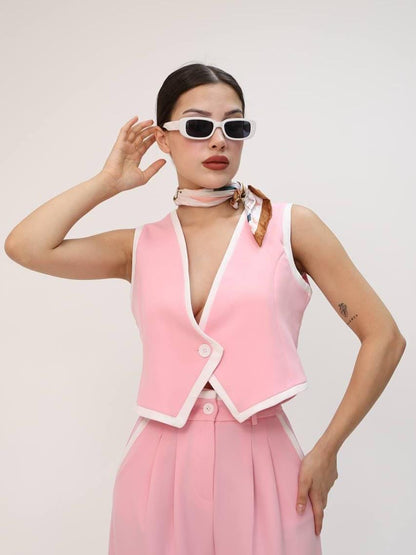 Pink Vest & Wide-Leg Pants Two-Piece Suit
