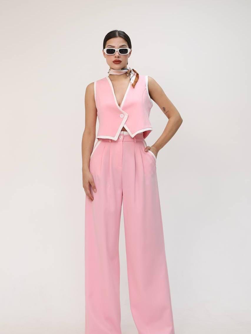 Pink Vest & Wide-Leg Pants Two-Piece Suit