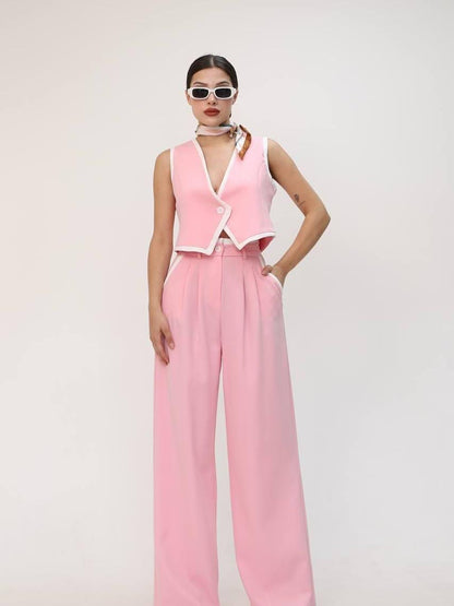Pink Vest & Wide-Leg Pants Two-Piece Suit
