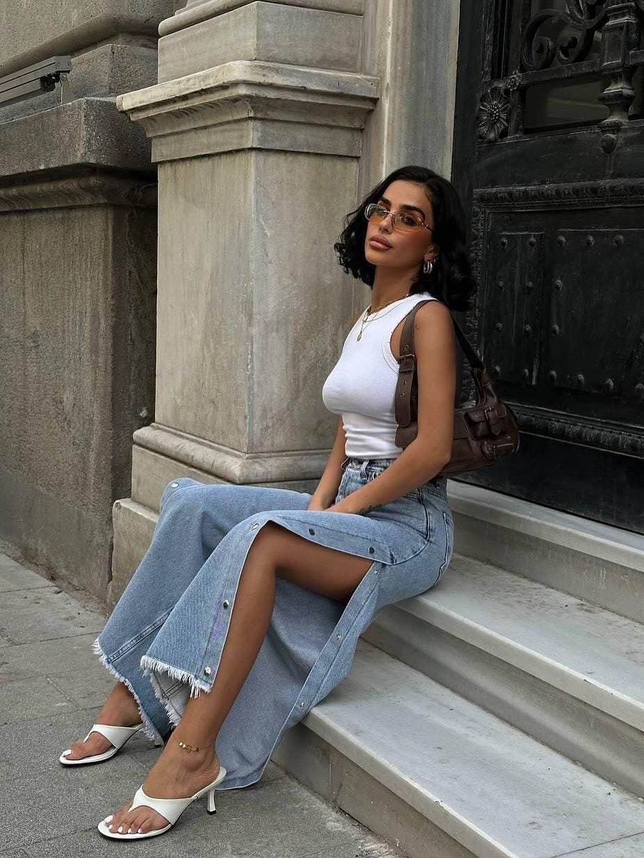 Denim Maxi Skirt with Front Slit