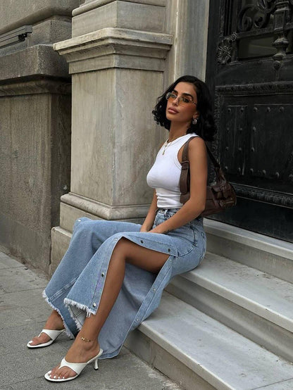 Denim Maxi Skirt with Front Slit
