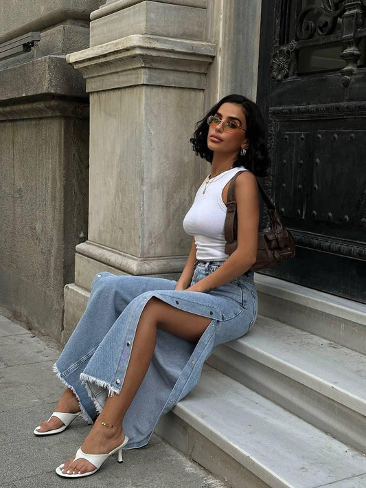 Denim Maxi Skirt with Front Slit