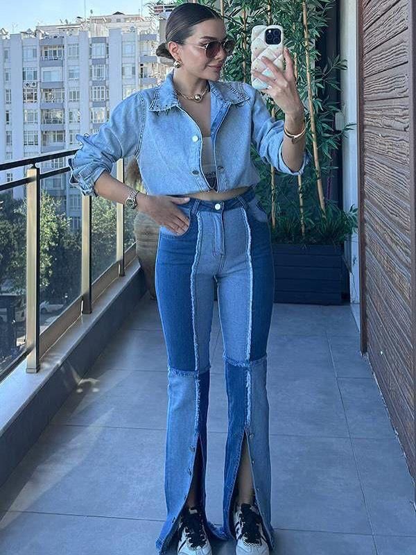 Patchwork Flared Split-Hem Denim Jeans