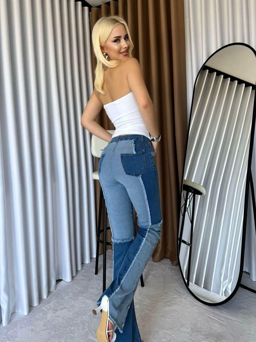 Patchwork Flared Split-Hem Denim Jeans