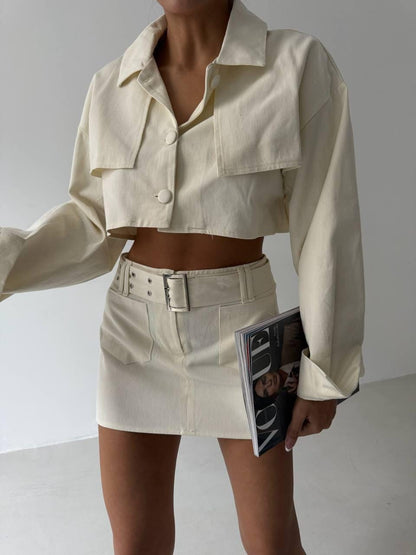 Beige High-Waist Mini Skirt with Belt