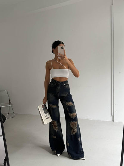 Raw Edge Distressed Wide-Leg Jeans
