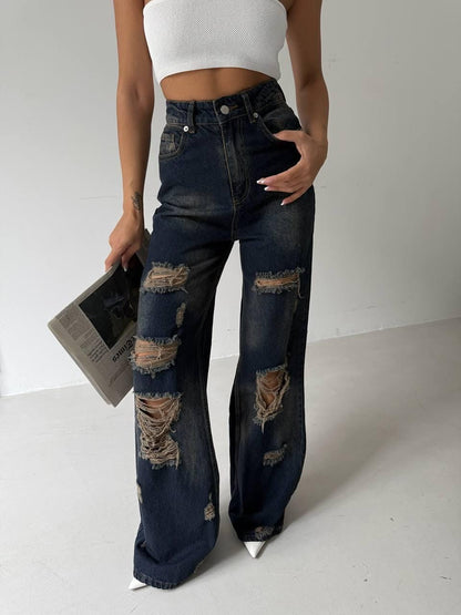 Raw Edge Distressed Wide-Leg Jeans