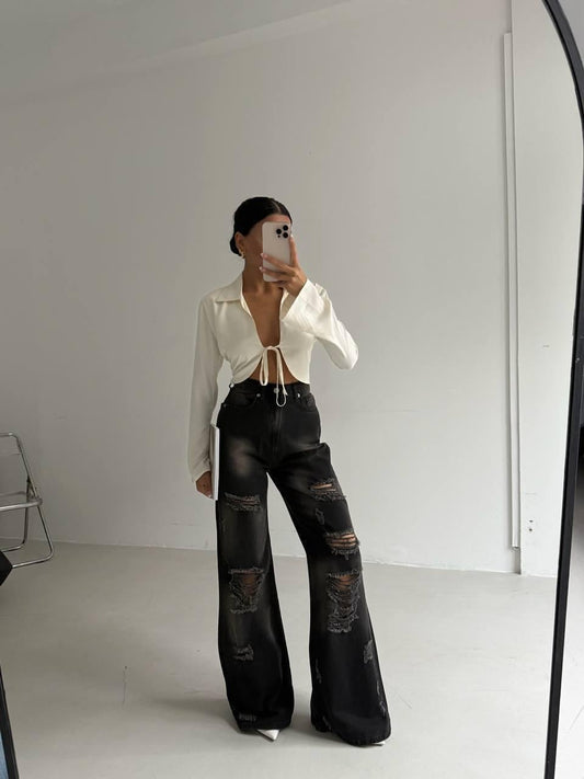 Black Distressed Wide-Leg Denim Jeans
