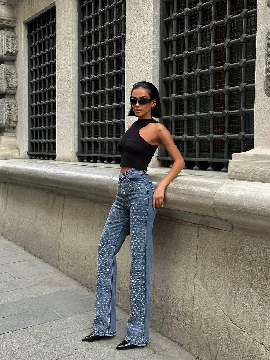 Printed High-Rise Street Denim Jeans