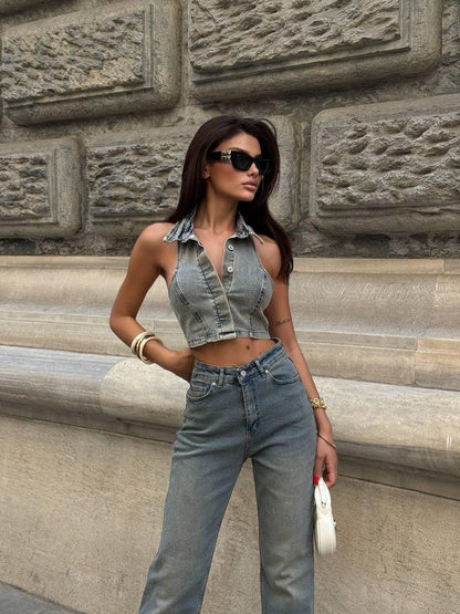 Denim Halter Crop Top & High-Rise Straight-Leg Jeans Set